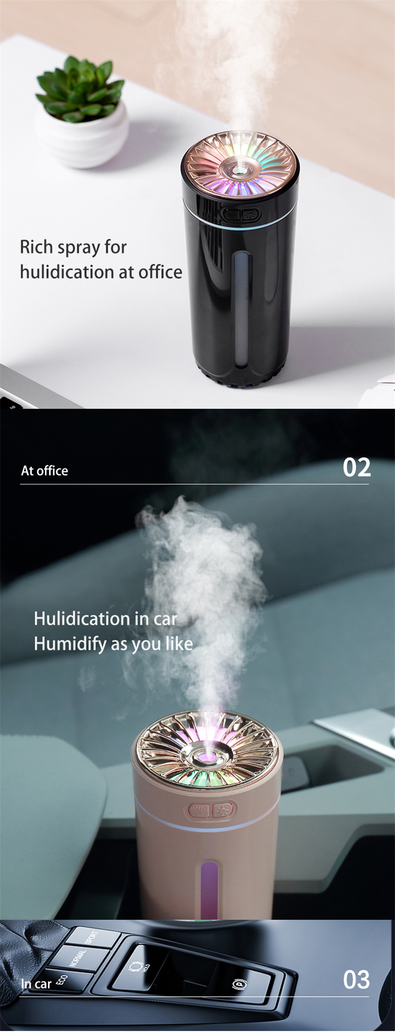 USB Wireless Air Humidifier - Ultrasonic, Colorful Lights, Quiet, Rechargeable Mist Maker for Car & Home