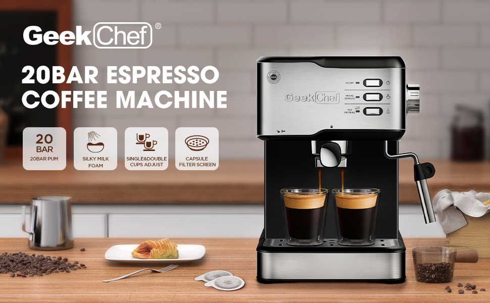 Geek Chef Espresso Machine, Espresso&Cappuccino Latte Maker 20 Bar Coffee  Machine Compatible With ESE POD Capsules Filter&Milk Frother Steam Wand,  950W, 1.5L Water Tank,Ban On , Zogies Deals