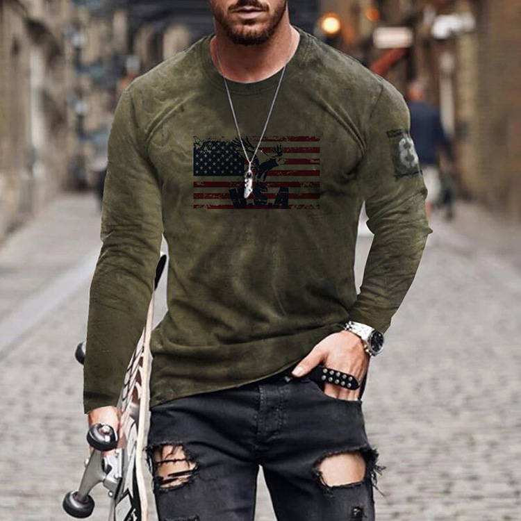 Printed T-shirt With Round Collar And Long Sleeves For Men