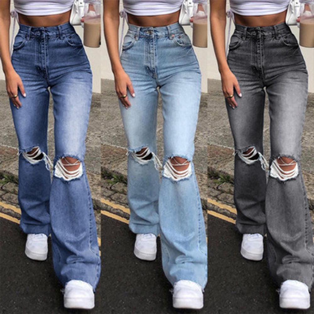 High Waist Slant Pocket Ripped Bootcut Washed Jeans
