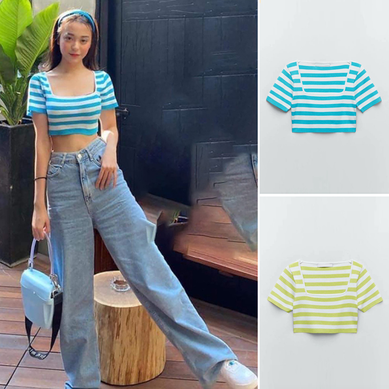 New Two-tone Striped Square Neckline Cropped Short T-shirt - CJdropshipping