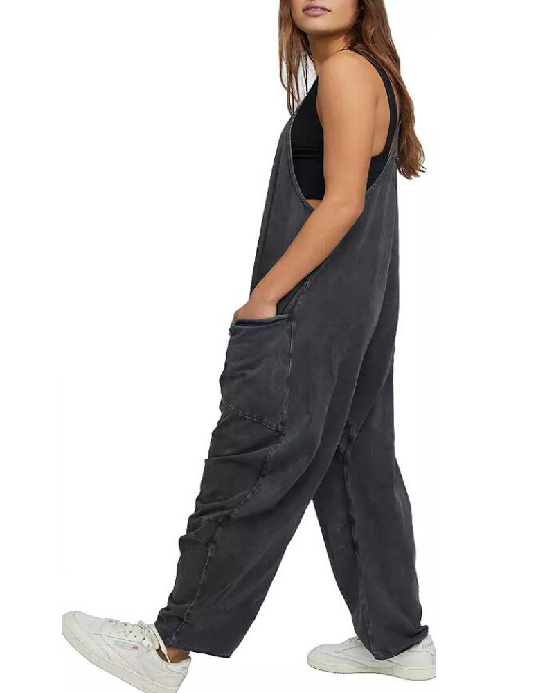 Women's Loose Sleeveless Jumpsuits Spaghetti Strap Stretchy Long Pant Romper Jumpsuit With Pockets Zipper