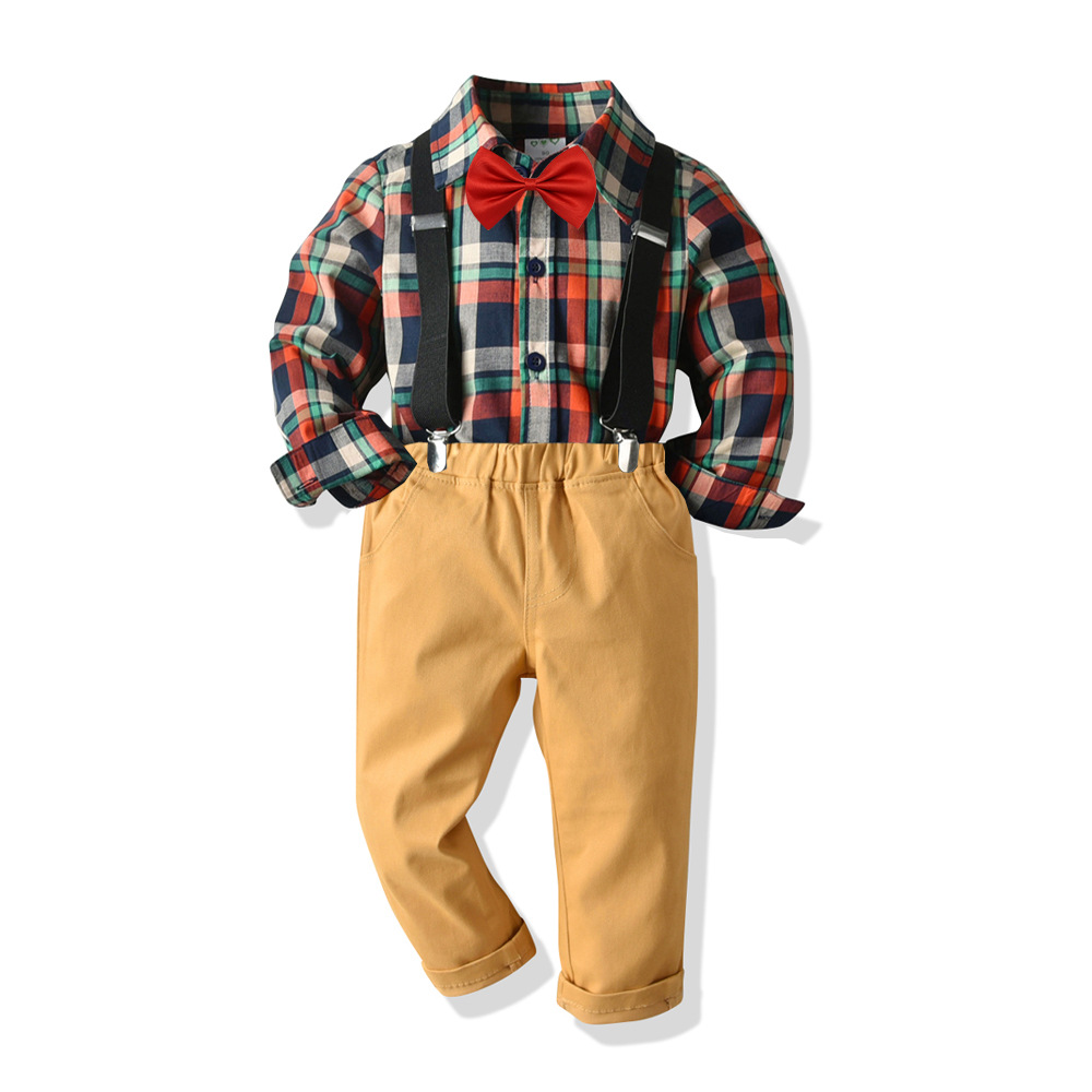 style: G, Child size: 130cm - Boy's Four-piece Plaid Shirt Bib Set