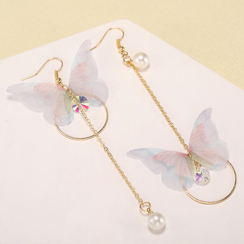 613aa020 cdc2 4286 9fee 2ad6621583ce - Hot Trendy Fairy Yarn Asymmetric Butterfly Long Earrings For Girl Ear Adornment Alloy Circle Rhinestone Pendient Jewerly
