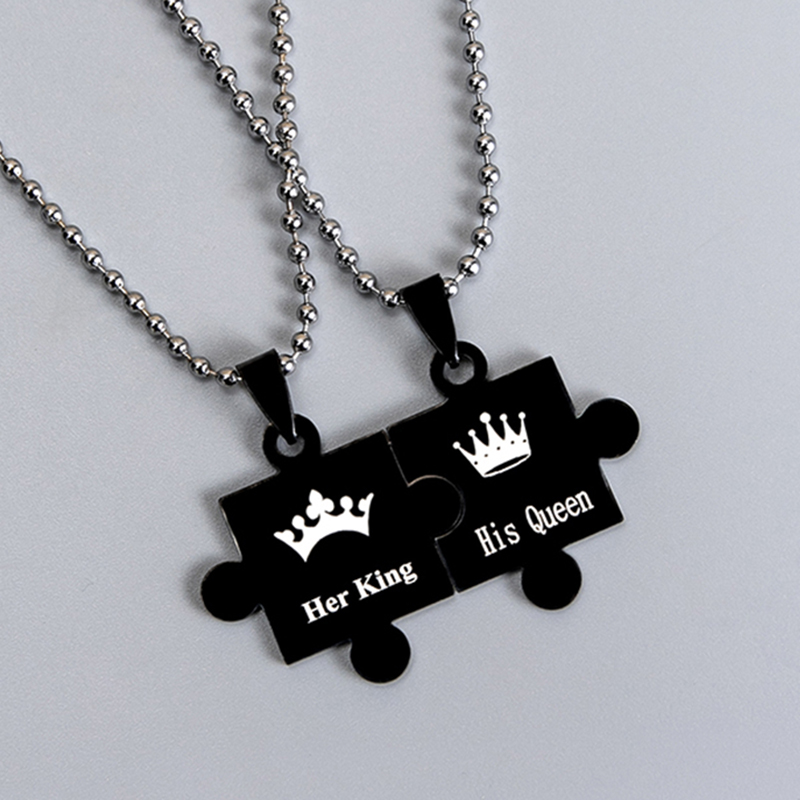 61c8f8b0 979a 4181 89a1 58eaa60f5709 - Black Silver Stainless Steel Crown Her King His Queen Jigsaw Puzzle Pendant Couple Necklace