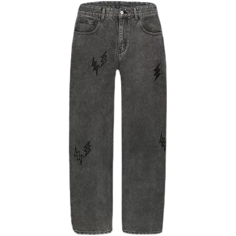 Lightning Embroidered Straight Loose Distressed Jeans For Men