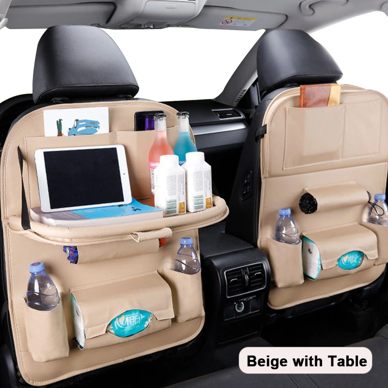 Car Seat Back  Pu Leather Pad Bag Car Storage Organizer Foldable Table Tray Trav