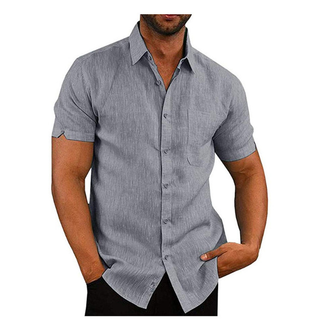 Men Button Up Short Sleeve Lapel Collar Shirt