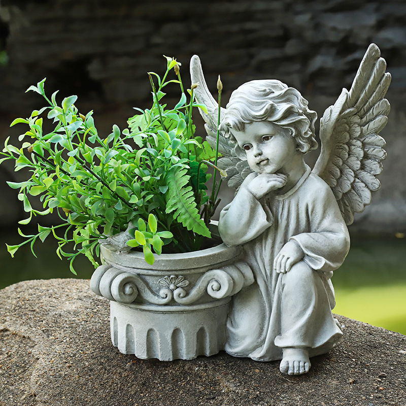 Décoration de jardin et statue de jardin ange commémoratif For Living,  blanc/naturel