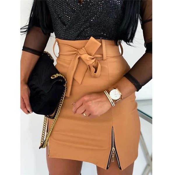 High Waist Front Split Zipped Hem Belted Pu Leather Skirt