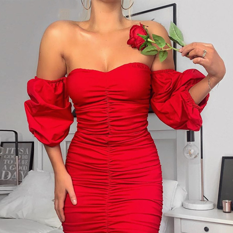 Sweetheart Bustier Off Shoulder Puff Sleeve Ruched Bodycon Dress