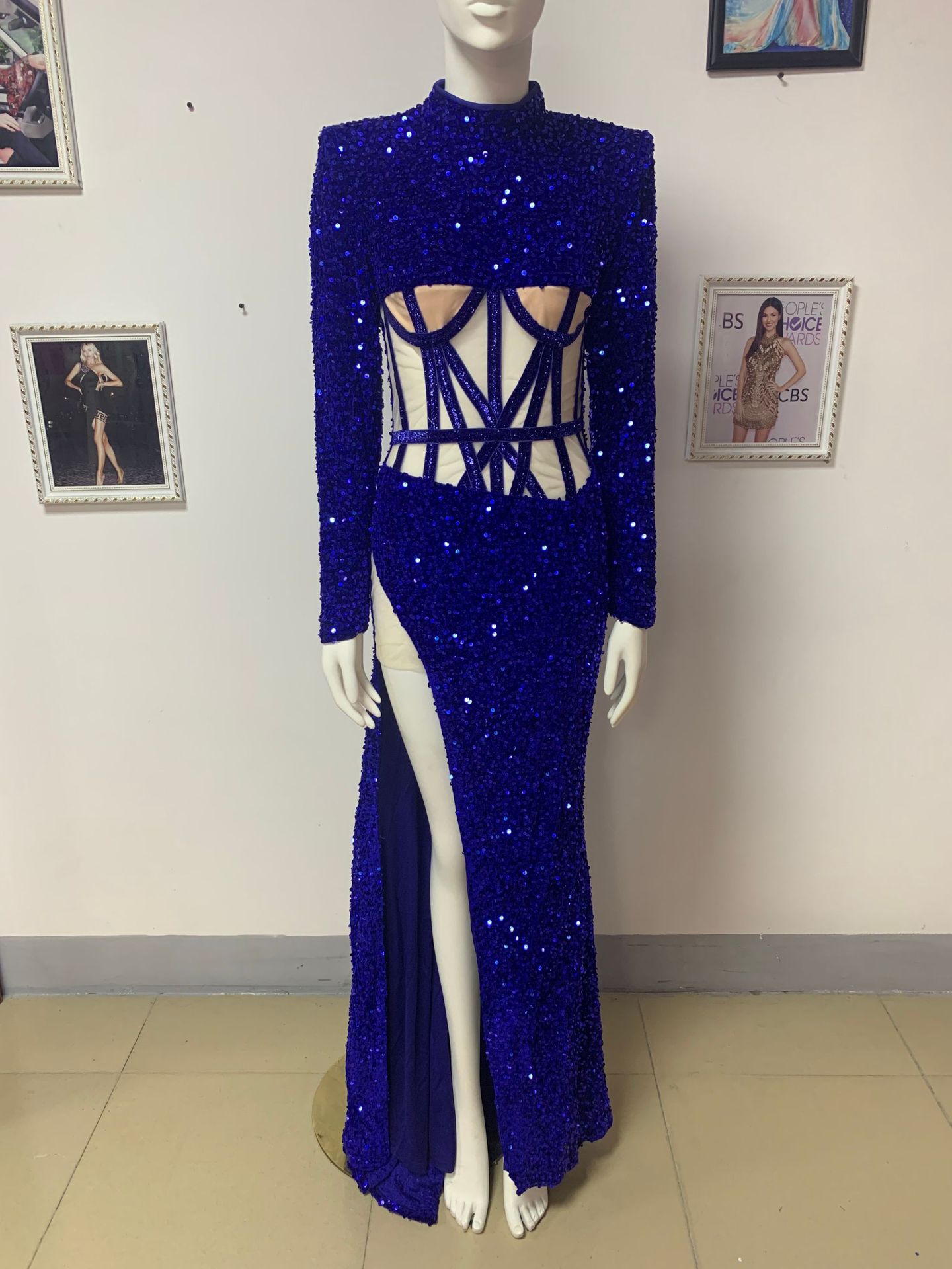Pre-owned High Blue Siren Ji Sequin See-through Dress With  Slit