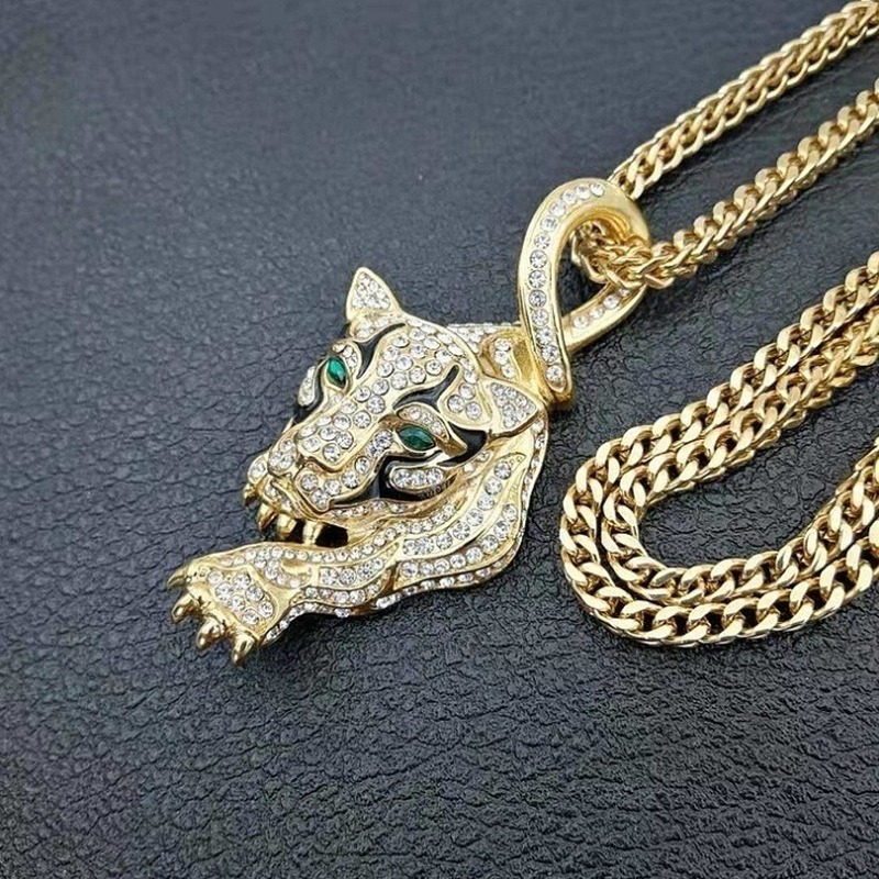 Diamante Prowling Tiger Necklace Pendant With Emerald Eyes - Hip-Hatter