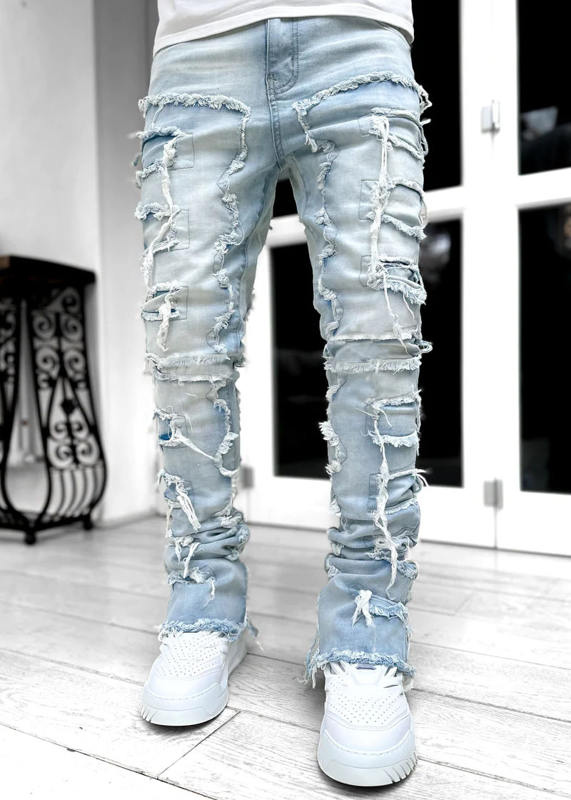 Men Trousers Individual Patched Pants Long Tight Fit Stacked Jeans For –  Wickeed Stones
