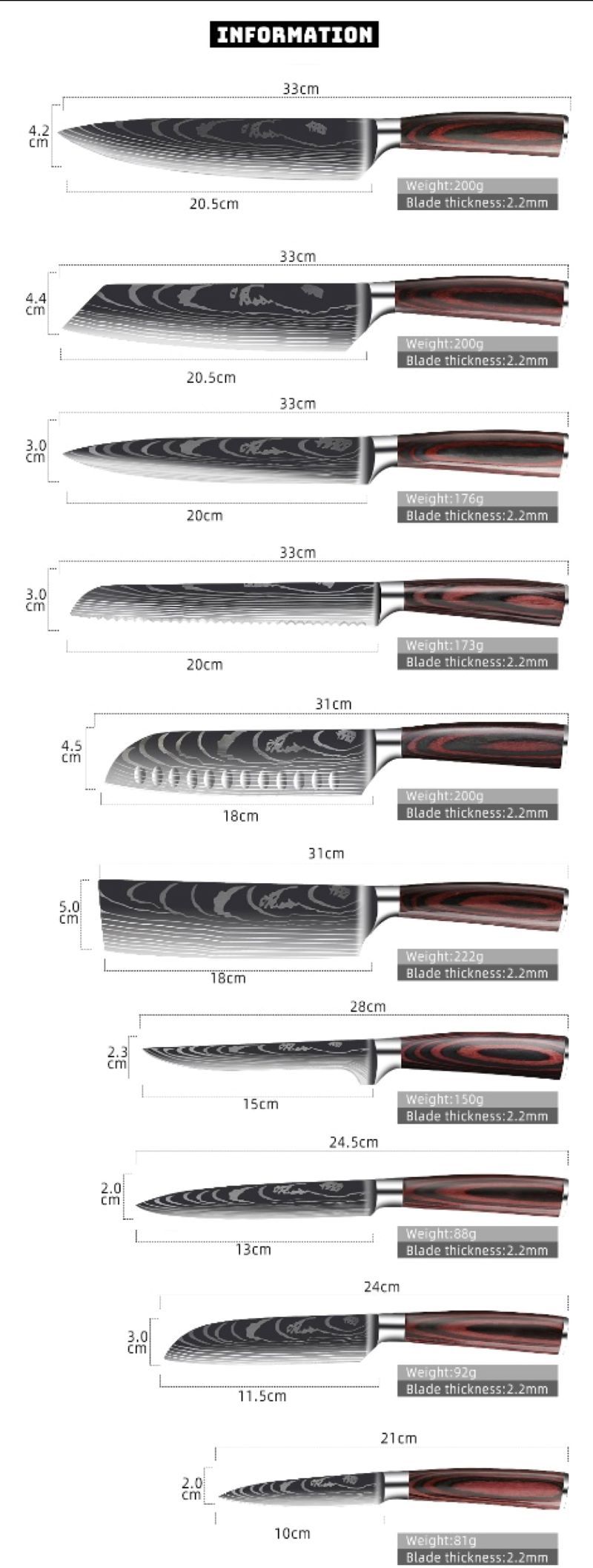 Damascus Steel Chef Knives Set Dimensions | Petra Shops