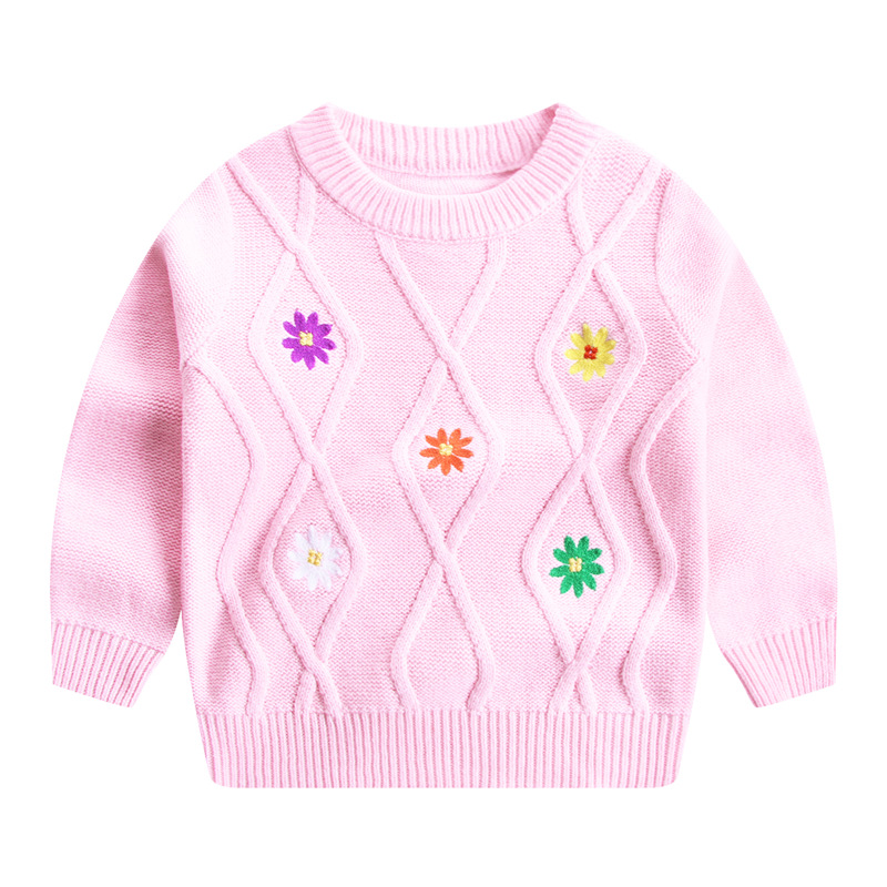 New Girls' Embroidered Flower Sweater Round Neck Children's Sweater 7 ...