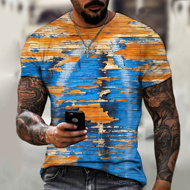 motif abstrait multicolore, effet peinture écaillée en bandes horizontales orange et bleues sur tee-shirt imprimé 3D