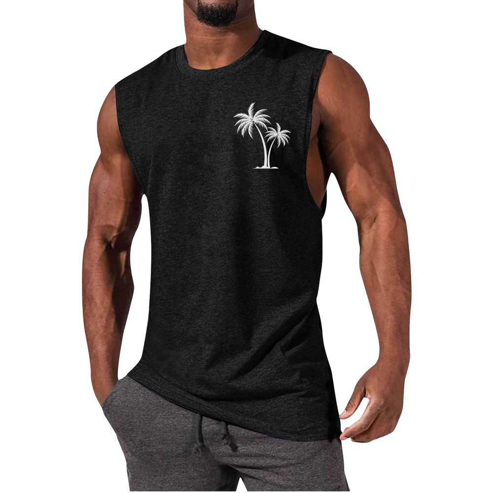 Men Tank Top Workout Muscle Sports Beach Vacation With Palm Tree Embroidery - Picture 2 of 15