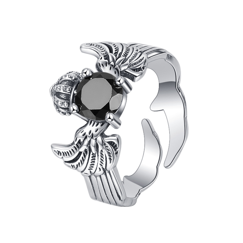 Women's Sterling Silver Ring with Wings, Crown, and Skull Design