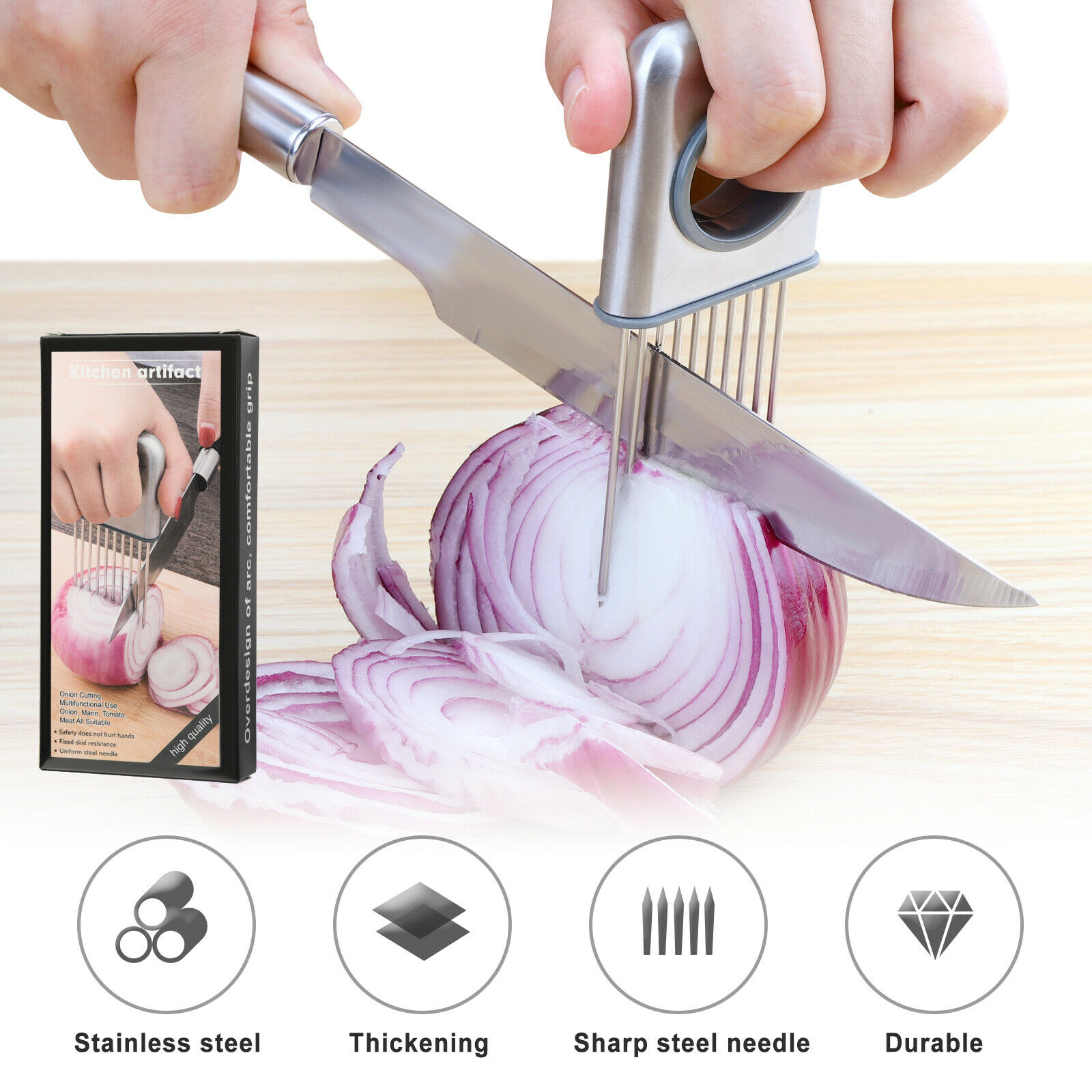 Stainless Steel Onion Slicer Holder,vegetable Potato Cutter Slicer Onion  Needle Peeler Food Slicer Tool Kitchen