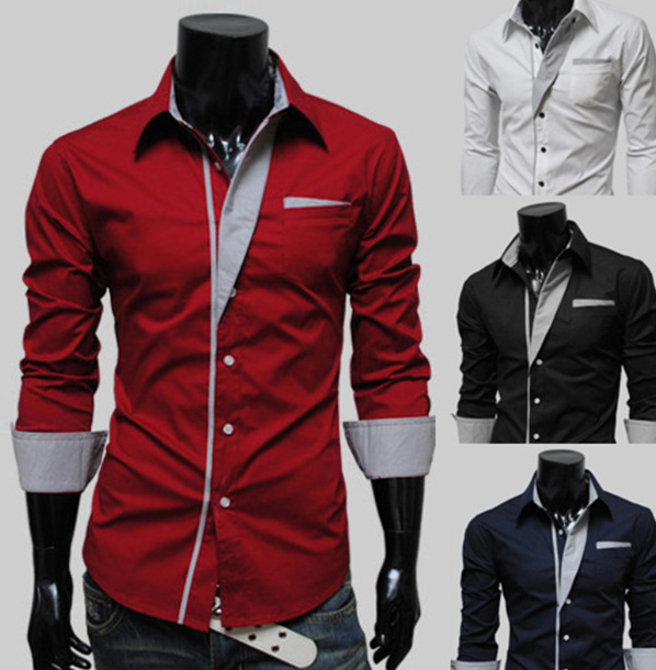 Men Lapel Collar Two Tone Front Pocket Buttoned Shirt