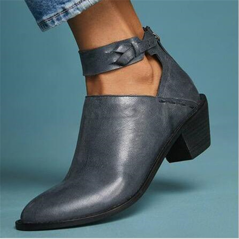 Women Cut Out Booties Buckle Strap Back Zipper Leather Stitch Ankle Casual Boots Female Shoes Calzado Mujer