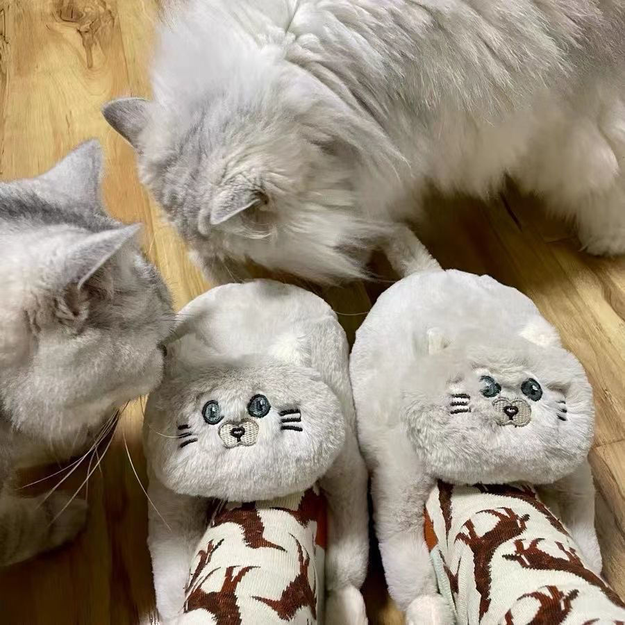 Cute Cat Hug Plush Cotton Slippers 12