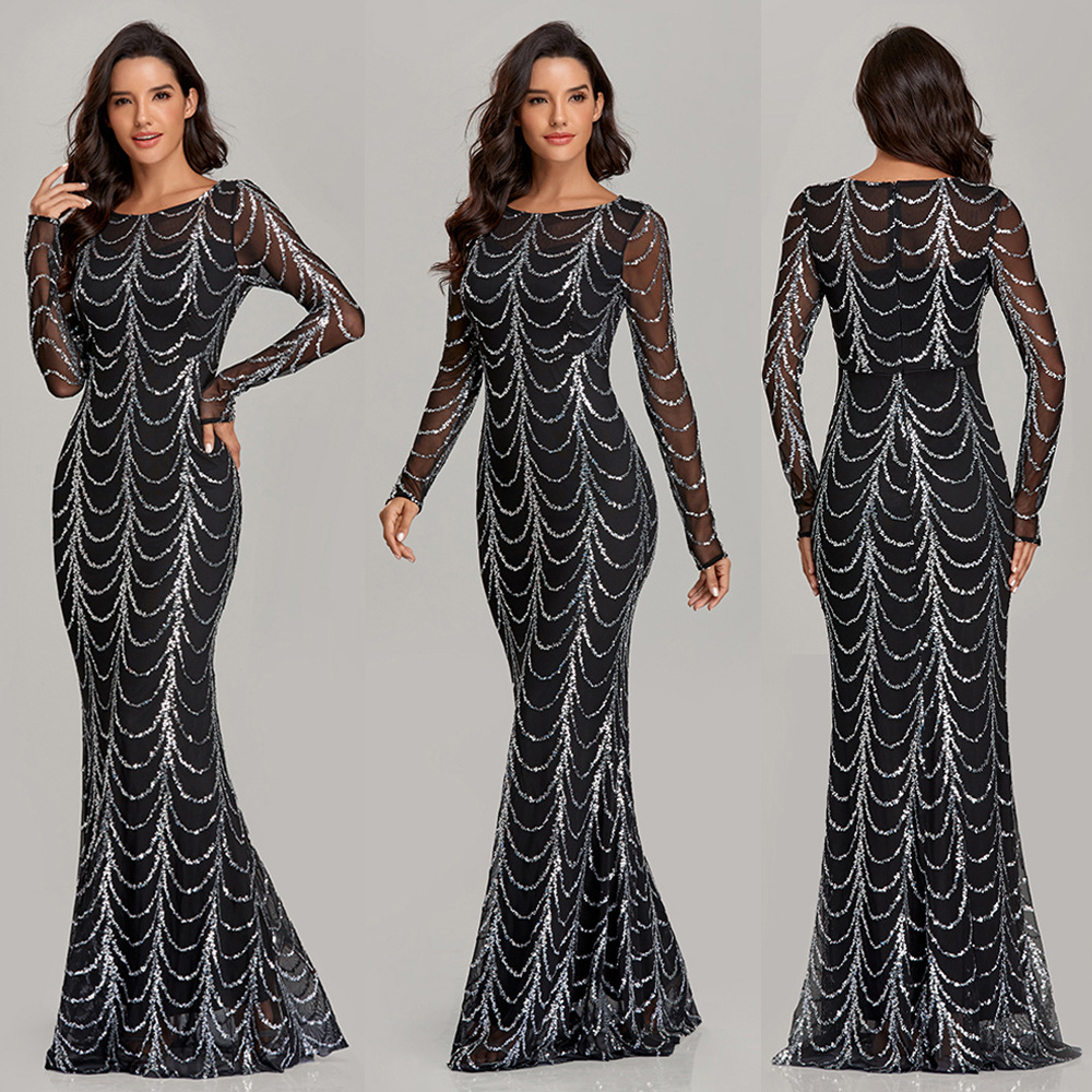 Black Sequined Gown Long Sleeve Gown