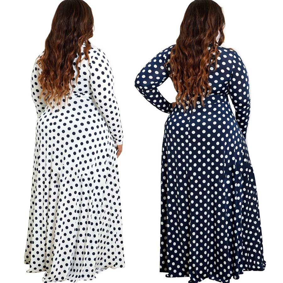 Plus Size Plunging Neck Polka Dot Print Belted Maxi Dress