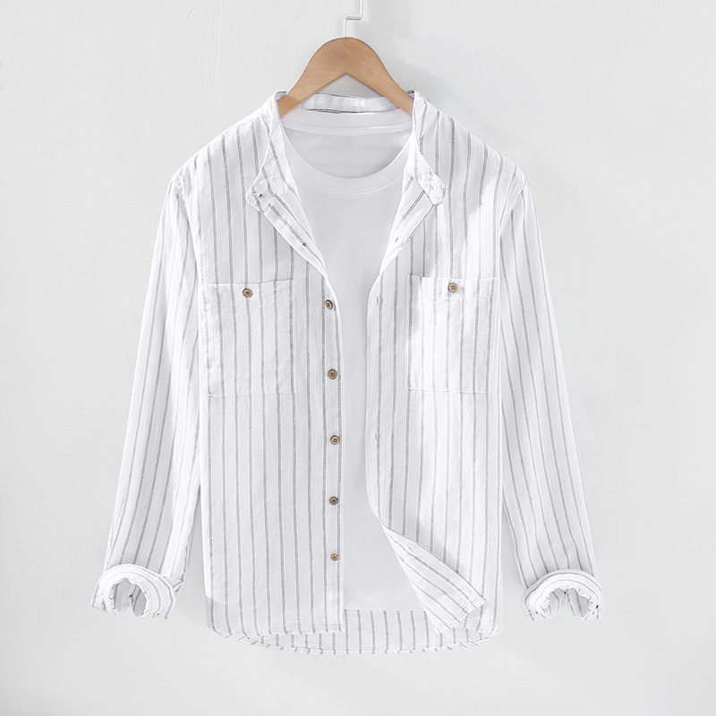 80b15b22 8621 4459 8289 834d4e389fdf - Striped Linen Long-Sleeved Stand Collar Shirt