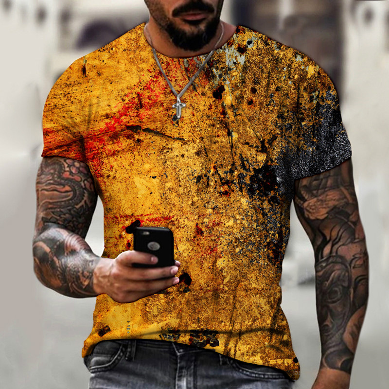 motif abstrait multicolore, effet de peinture jaune dominant sur tee-shirt imprimé 3D