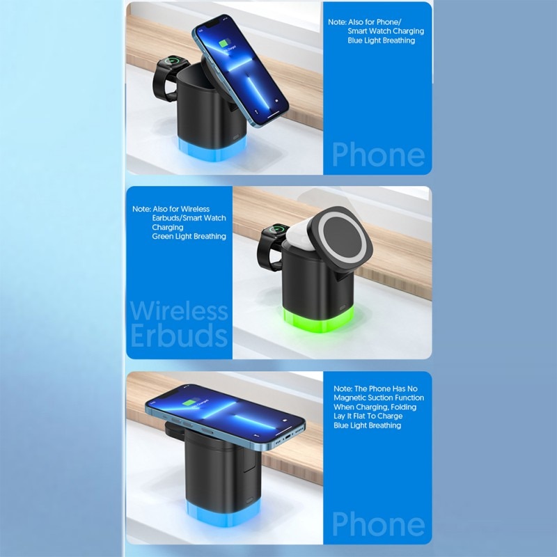 3 In 1 Magnetic Wireless Fast Charger For Smart Phone RGB Ambient Light Charging Station For Airpods IWatch