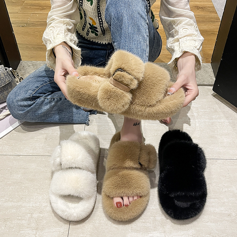 Women's Slippers With Thick Bottom Furry Slippers For Wearing Outside ...