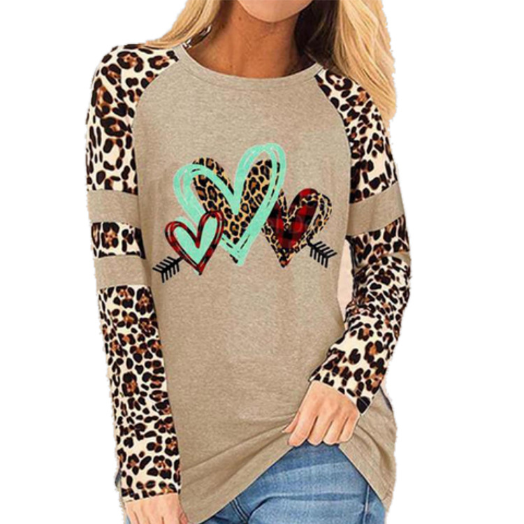 87f2e775 9fd8 40f8 8d65 40af2f7dda6e - Women's Leopard Print Valentine's Day Love Loose Round Neck Stitching Top