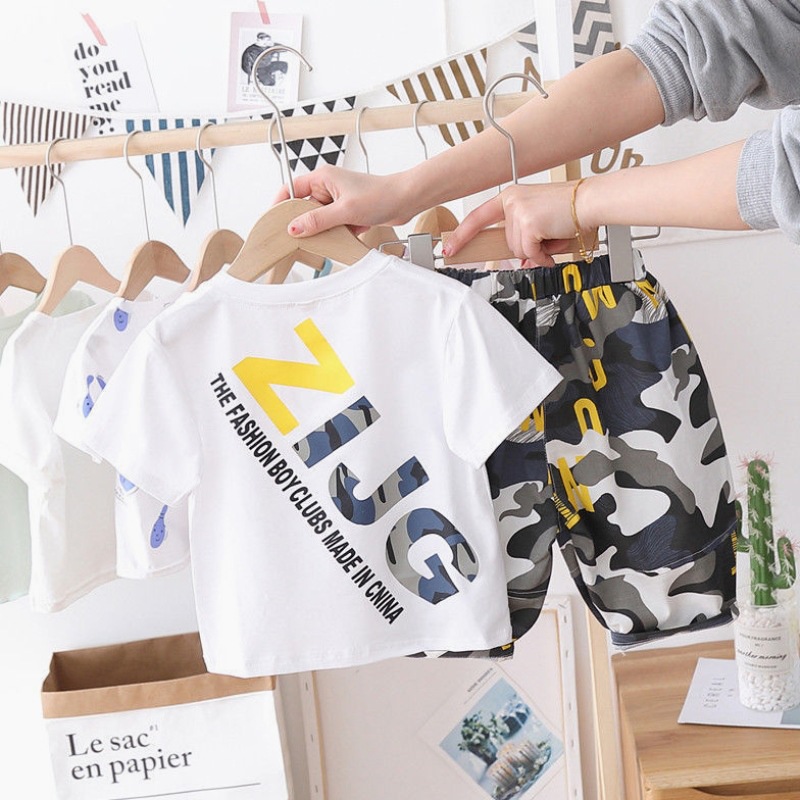Color: White, Child size: 140cm - Boys Summer Clothes Thin Suit Children's Clothes Girls Baby Camouflage Shorts Tide