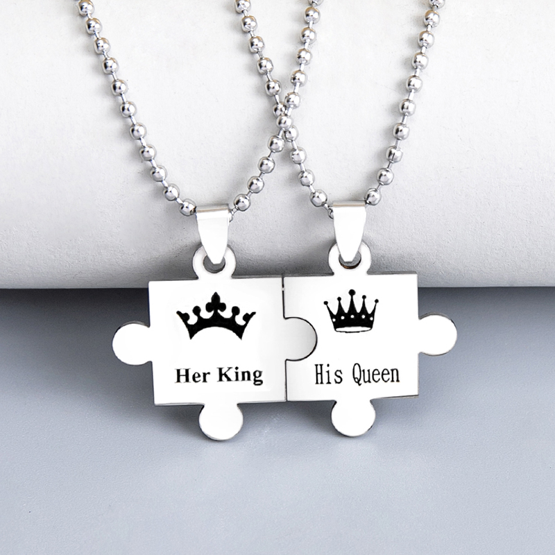 8a31a843 a176 4057 be2d 58c0d27ebf07 - Black Silver Stainless Steel Crown Her King His Queen Jigsaw Puzzle Pendant Couple Necklace