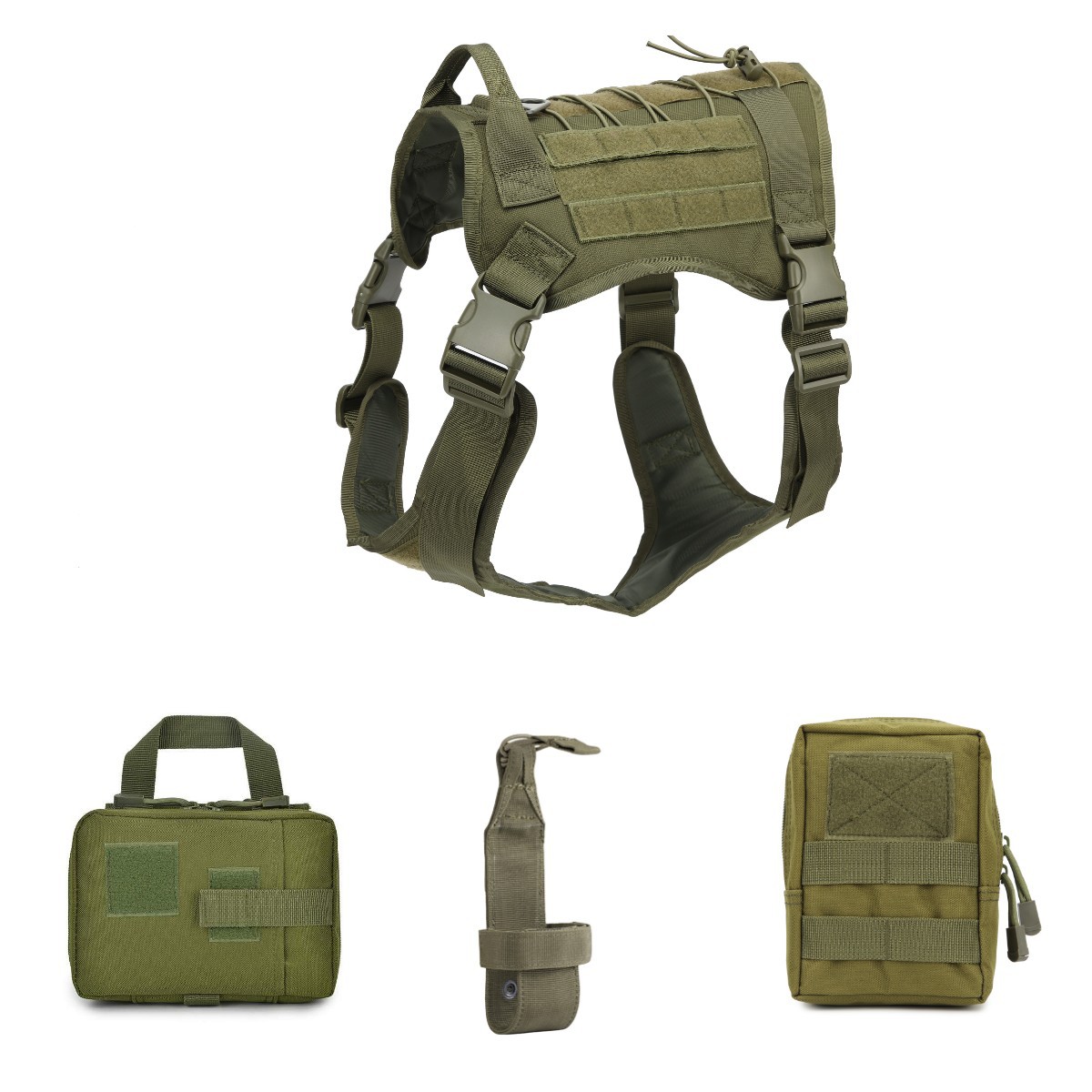 This outdoor tactical dog vest is specially designed as protective gear for working dogs or dogs participating in outdoor activities. It is made of durable nylon material and has multiple attachment points for gear, such as first aid kits, water bottles, and flashlights. The vest provides added protection for the dog and helps to keep them safe during activities such as search and rescue, hiking, or hunting.