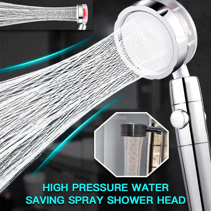 Chrome shower head with 360-degree rotation and built-in turbofan for a powerful and refreshing shower experience.
