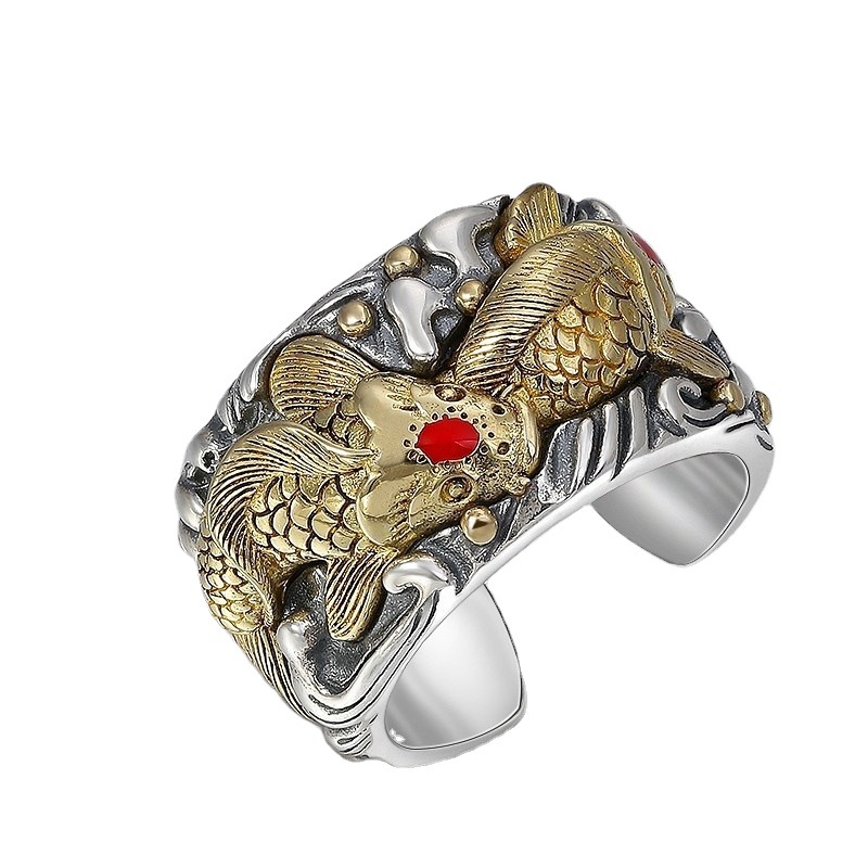 Sterling Silver Jewelry Men's Personality Koi Wide Ring 10