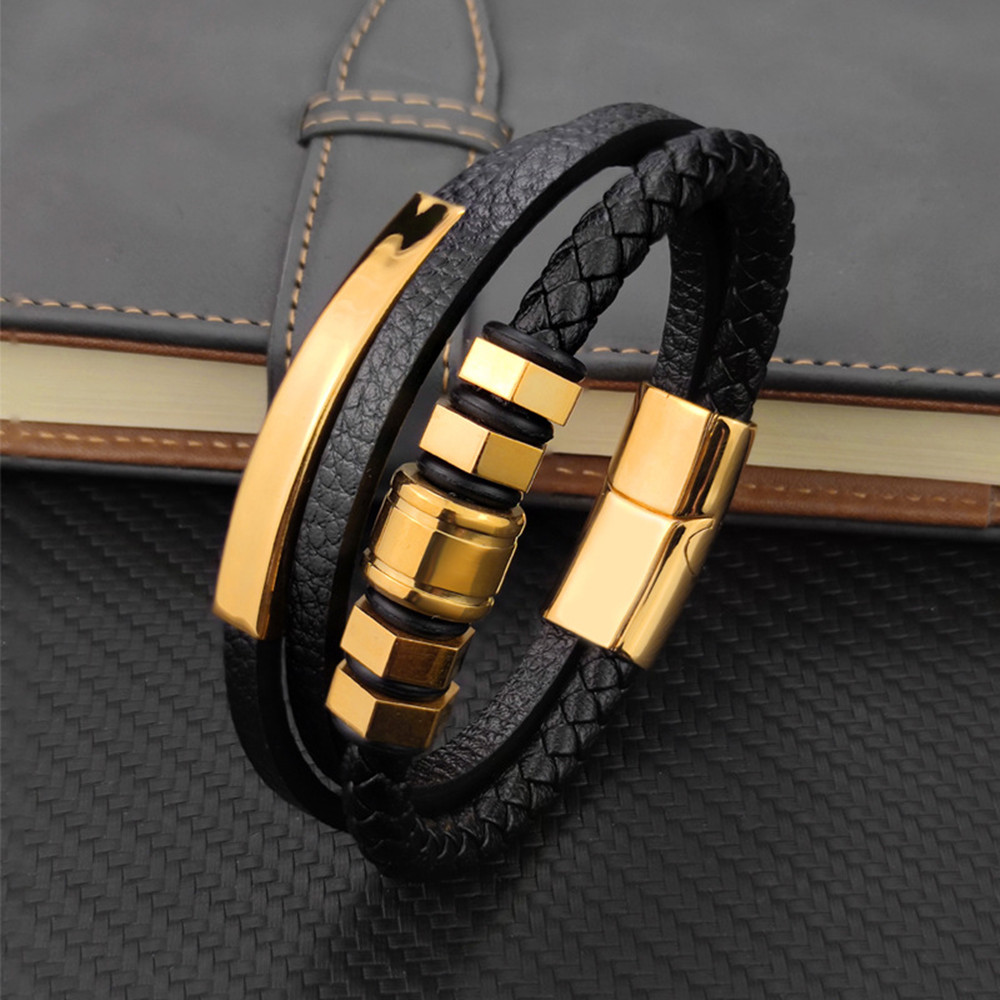 Hexagon 3-Color Stainless Steel Leather Cord Bracelet - CJdropshipping