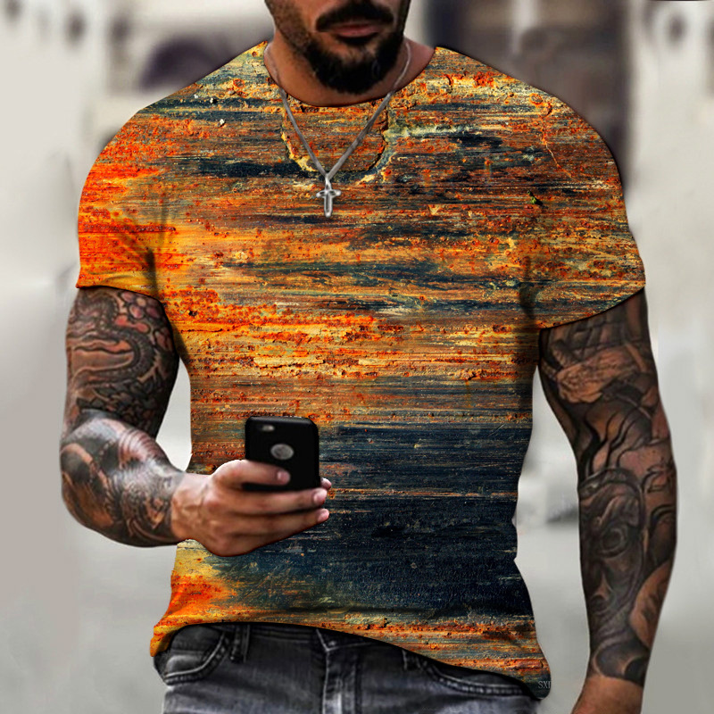 motif abstrait multicolore, effet peinture orange dominant, sur tee-shirt imprimé 3D