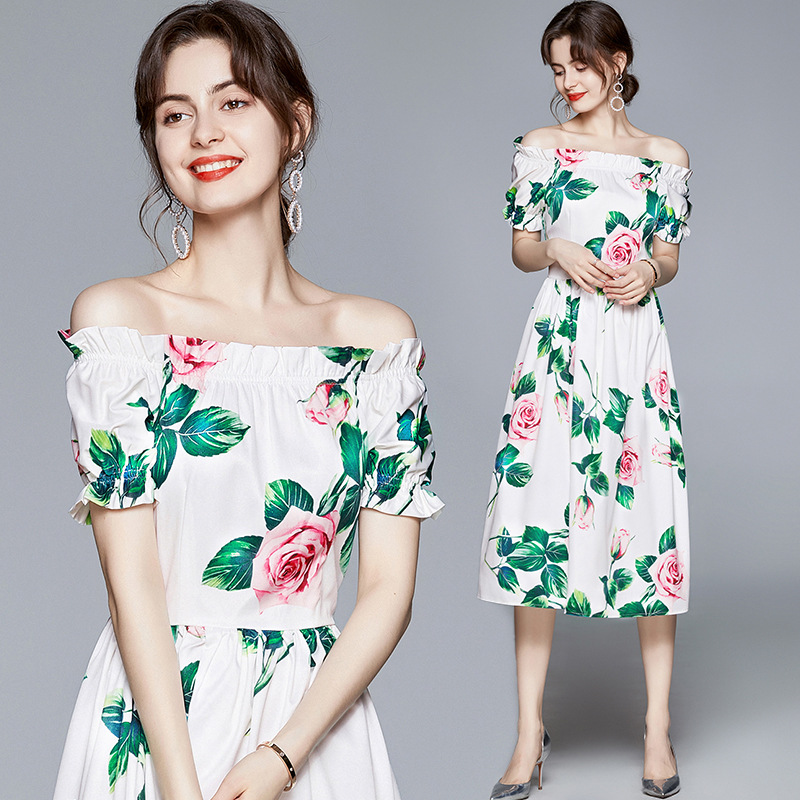 Summer Rose Print Off-Shoulder Long Skirt Waist Dress - CJdropshipping
