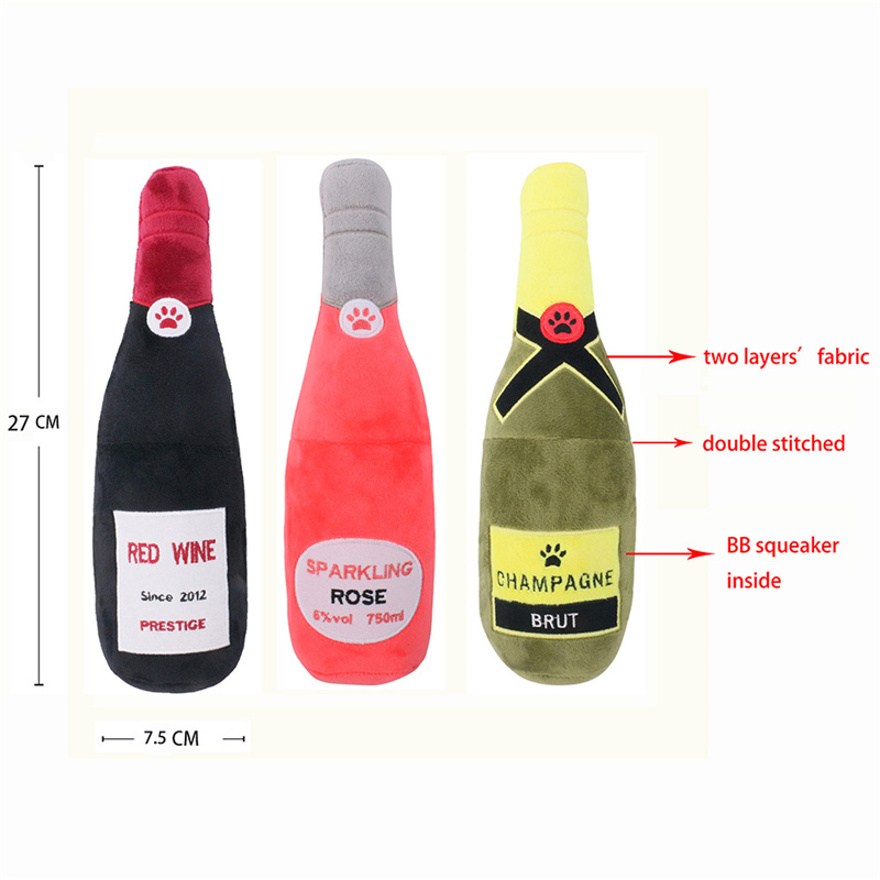 A close-up view capturing three Plush Wine Bottle Toys, spotlighting their remarkably realistic wine bottle design.