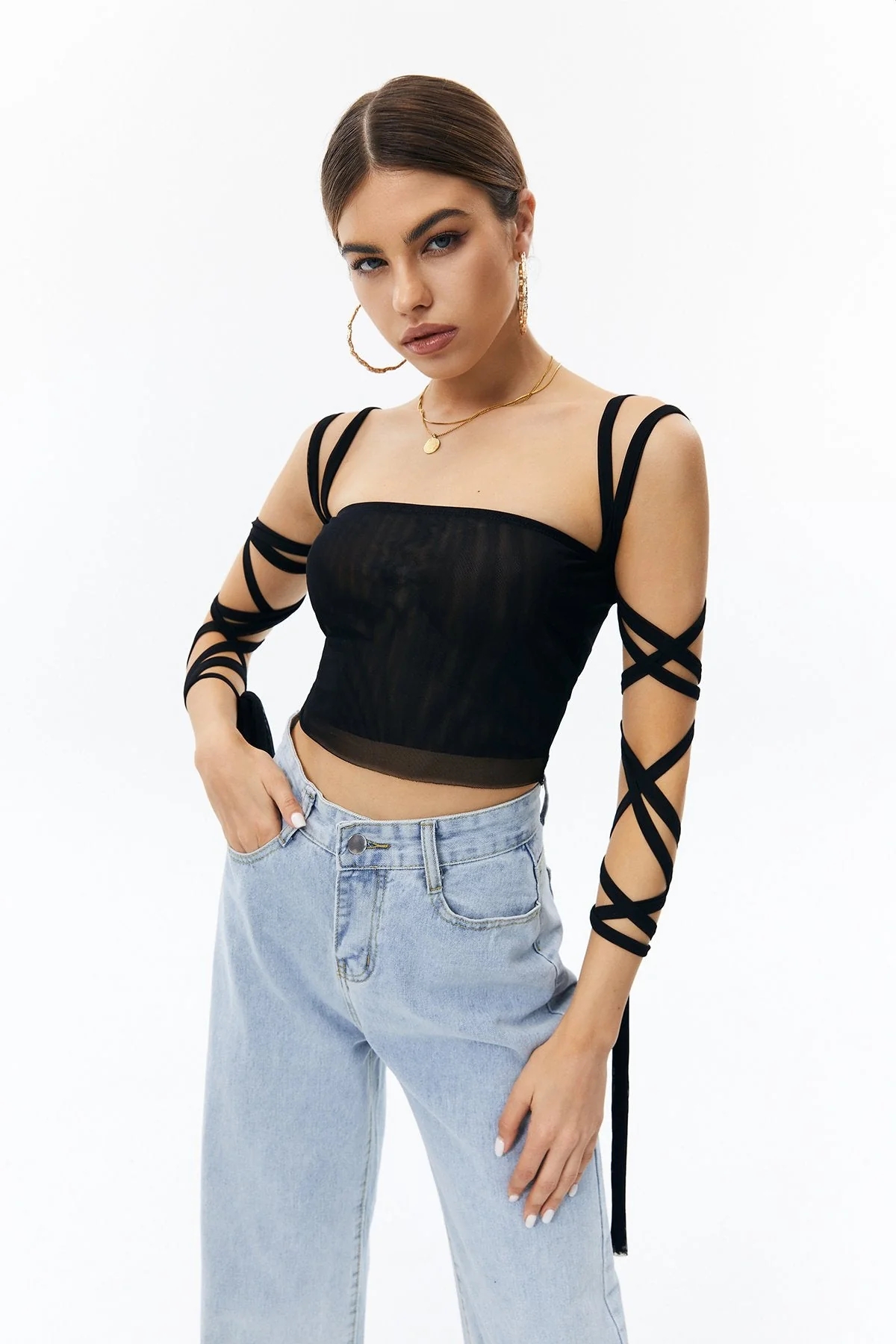 Solid Black Mesh Laced Arm Stretch Cami Crop Top