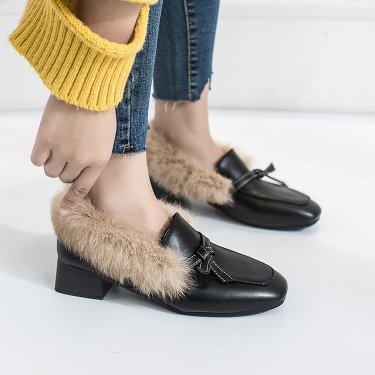 Fur shoes female 2021 spring new wild thick with velvet wind shoes square head shoes—3