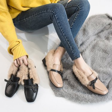 Fur shoes female 2021 spring new wild thick with velvet wind shoes square head shoes—1