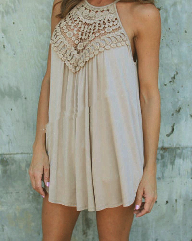Lace Stitching Sleeveless Round Neck T-shirt Casual Top