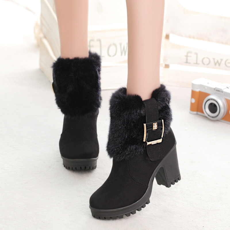 Metallic Buckle Chunky Heeled Faux Suede Snow Boots