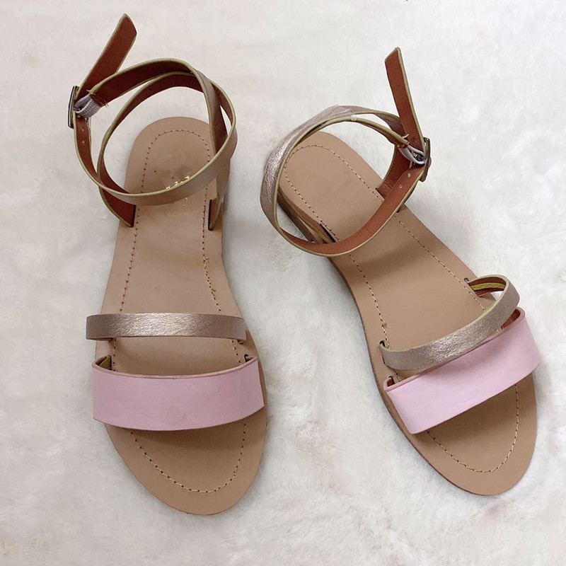 Two Tone Faux Leather Buckle Ankle Flat Sandals