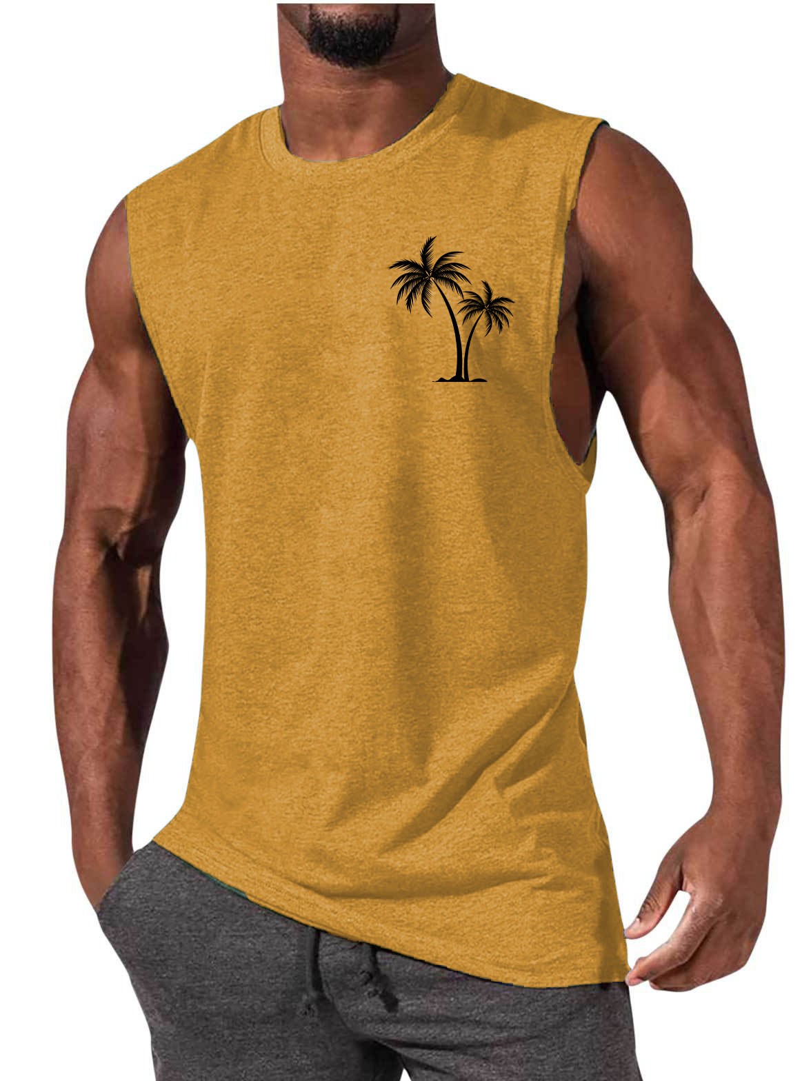 Men Tank Top Workout Muscle Sports Beach Vacation With Palm Tree Embroidery - Picture 15 of 15
